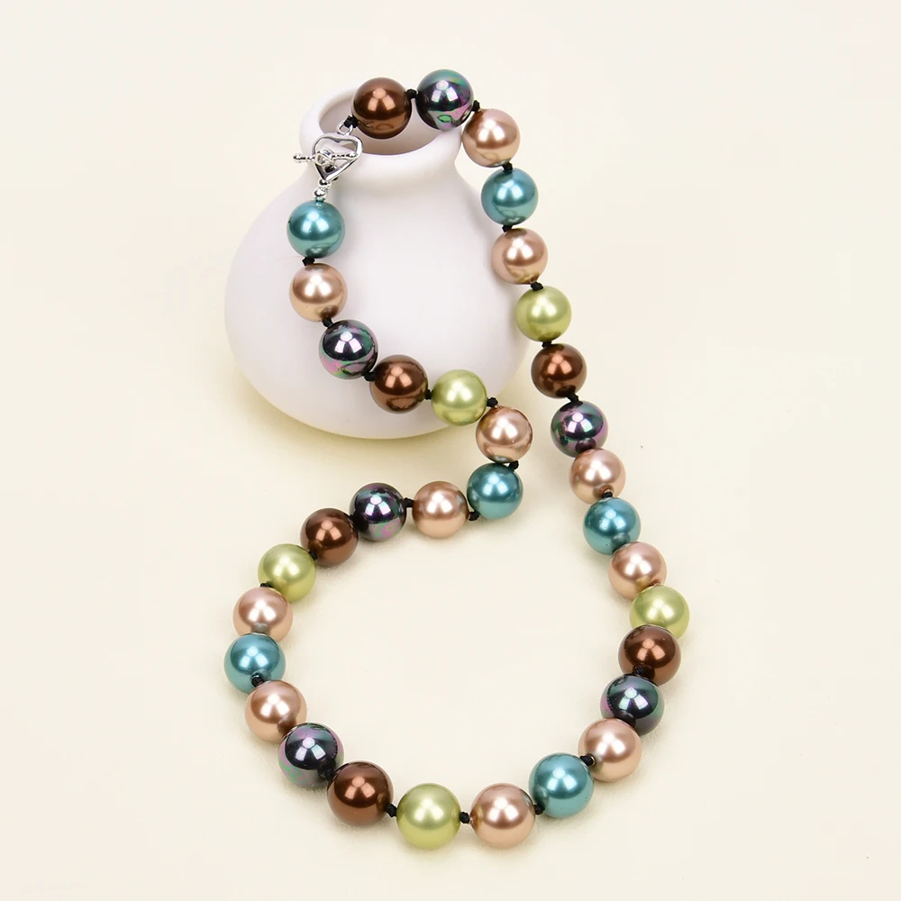 G-G 18\'\' 12mm Natural Mix Color Round Shape Sea Shell Mother Of Pearl Choker Necklace Gifts For Women