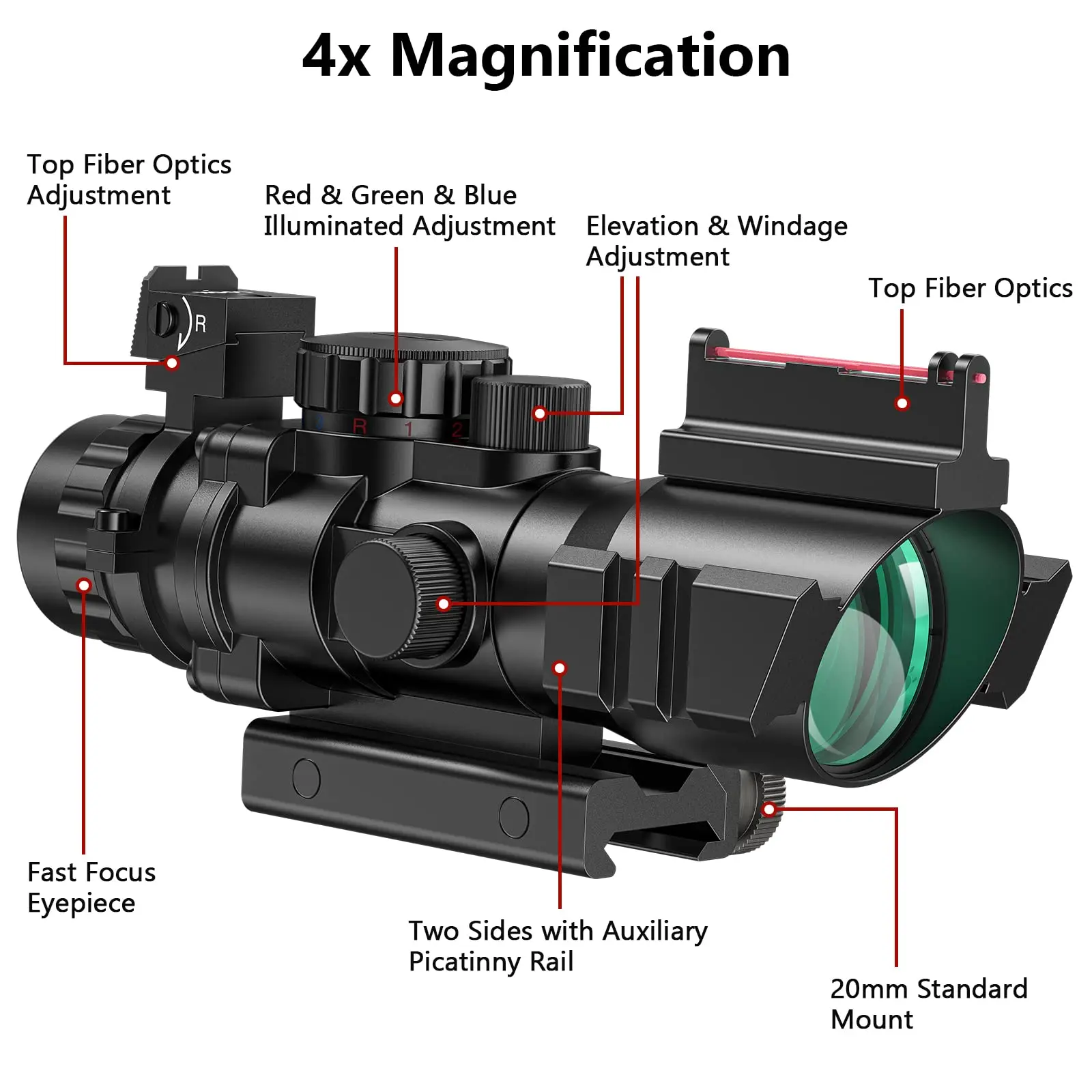 Imagem -03 - Tactical Rifle Scope Vermelho Verde Azul Iluminado Retículo Armas com Montagem para 20 mm Rail Visão de Fibra Óptica Midten4x32