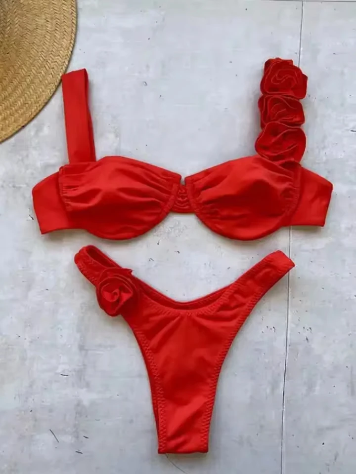 

Vzvn 2025 Summer Swimwea Bikinis Sexy Solid Backless Floral Bikini 2 Piece Set Women Split Swimsuit High Waist Beach Bikini Set