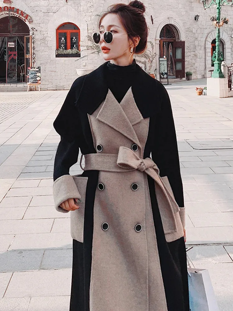 LANMREM Color Block Patchwork Woolen Coats Women Lapel Double Breasted Belt Overcoat Female Winter Fashion Clothes New 2DB1338