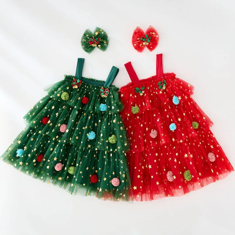 The new 0-6-year-old baby girl Christmas dress back strap sleeveless star print bud cake dress dress new year clothing 2PS