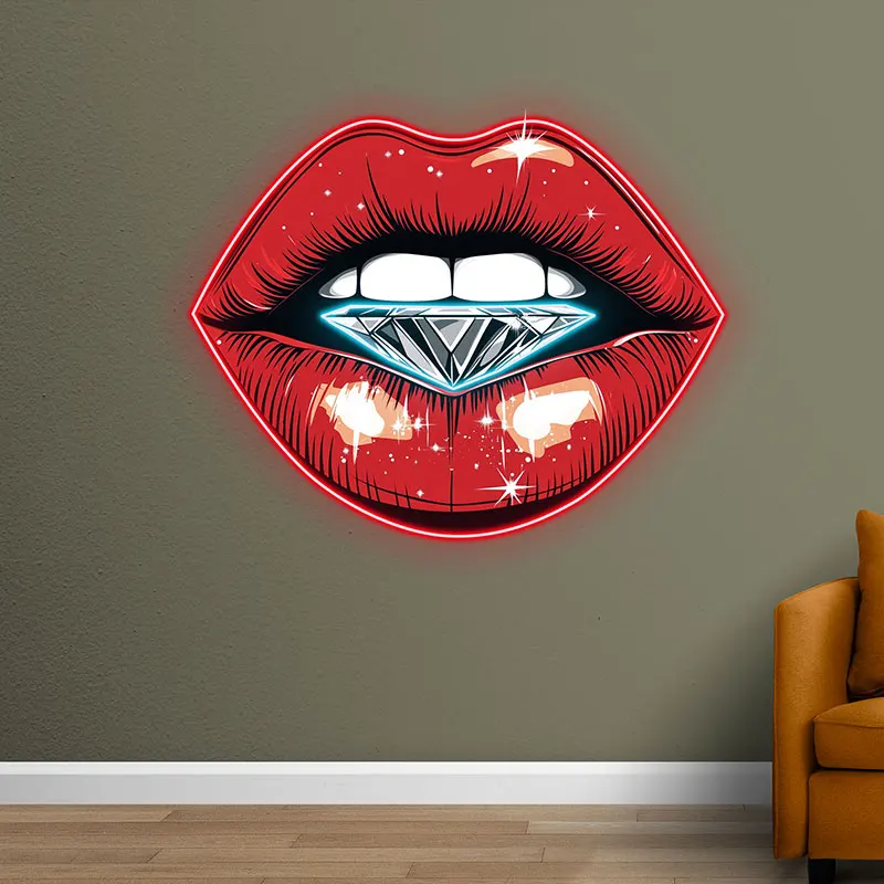 Stunning Red Lips LED Neon Sign, Lip Close-Up with Half-Full Diamond, Perfect for Beauty Salons & Trendy Decor