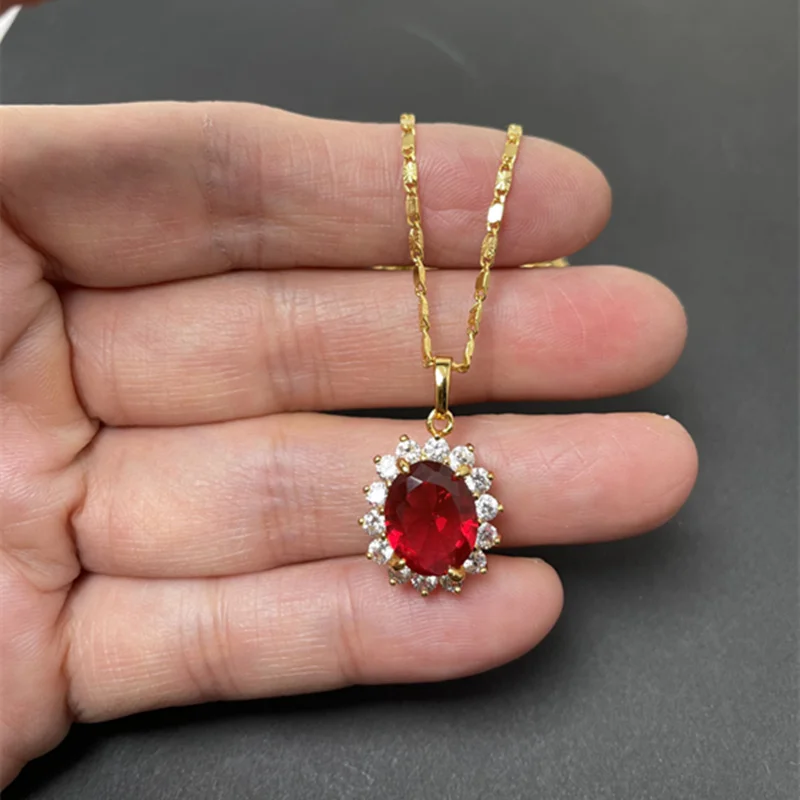 Korea 24K Gold Plating Necklace Red Zircon Crystal Jade Pendant Necklace Ladies Engagement Jewelry Gift image 5