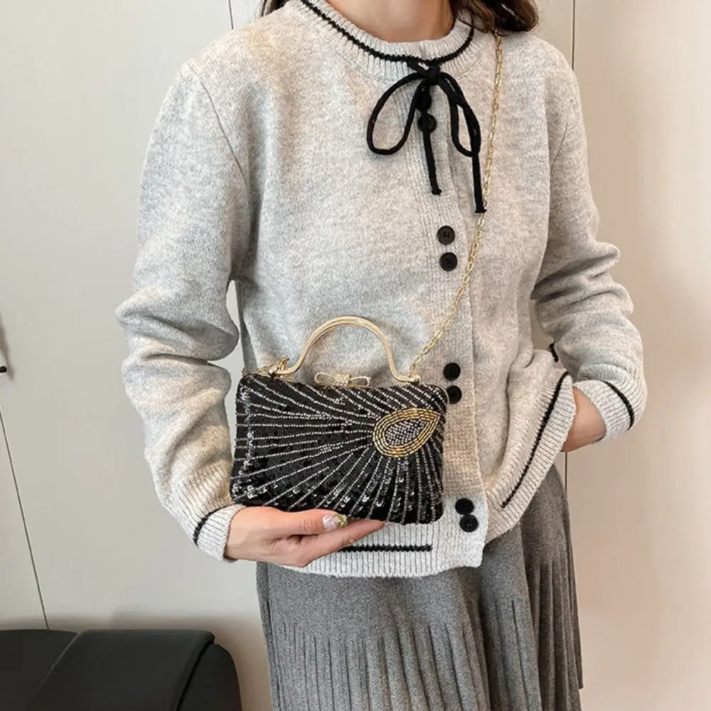 

French Metal Top Handle Evening Banquet Bag Shiny Glitter Sequin Box Handbag Large Capacity Rhinestone Chain Crossbody Bag Women