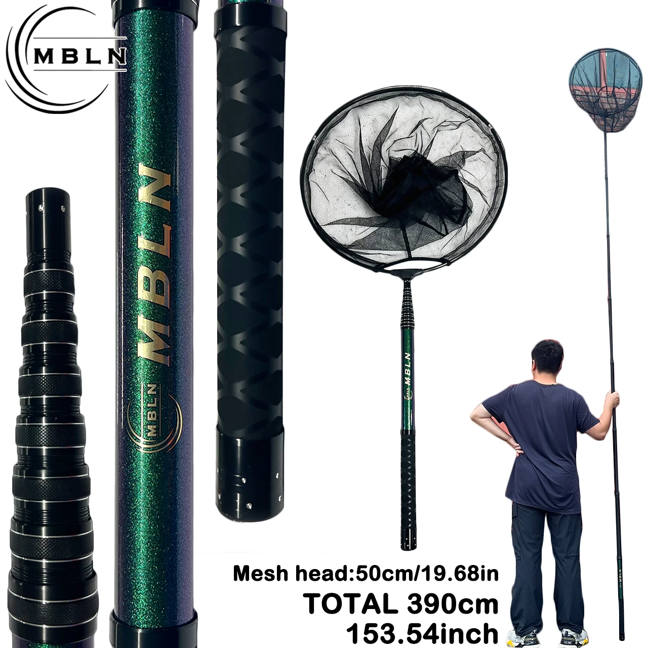 

MBLN Carbon Landing Net, 3m Telescopic Rod with 50cm Al-Mg Alloy Head, 390cm Extended & 58.5cm Folded, Color-Changing Finish, Do