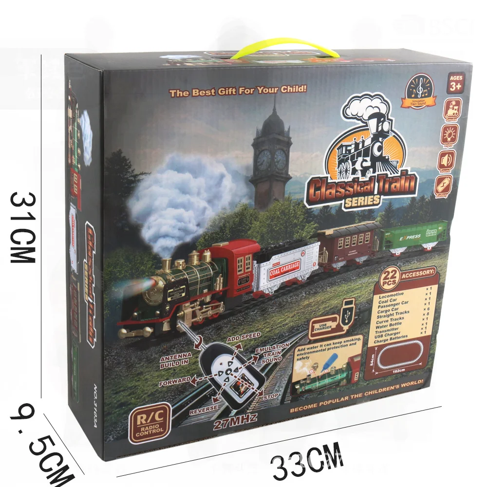 Remote Control Rail Car Toy for Kids with Smoke Music Light Features Christmas Charging Small Train Educational Interactive