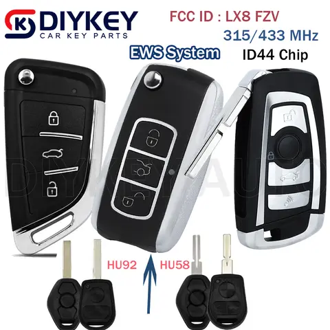 EWS System 315/433MHz ID44 Chip LX8 FZV Modified Flip Remote Key for BMW E38 E39 E46 E61 E65 E81 X3 X5 Z3 Z4 1/3/5/7 Series