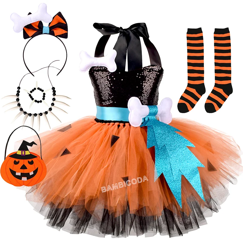 Disfraz de piedra de hueso de guijarro, disfraz de Flintstone, disfraz de hombre de las cavernas, disfraz de piedra de pedernal para niñas, disfraz de Halloween de 2 a 12 años