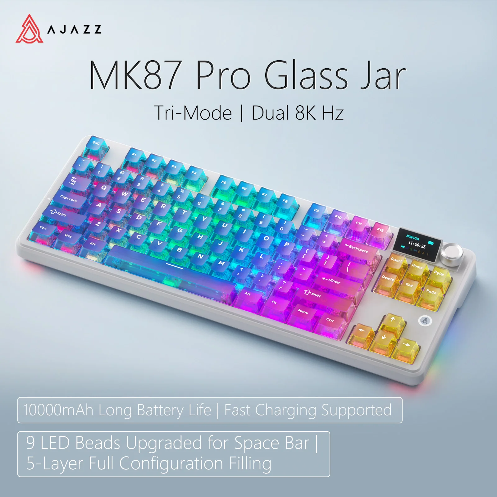 AJAZZ MK87 PRO 87-toetsen lay-out mechanisch toetsenbord met drie modi en scherm, aangepaste afdichtingsring met vijf lagen geluidsisolatievulling voor een 10000mAh lithium-ion batterij