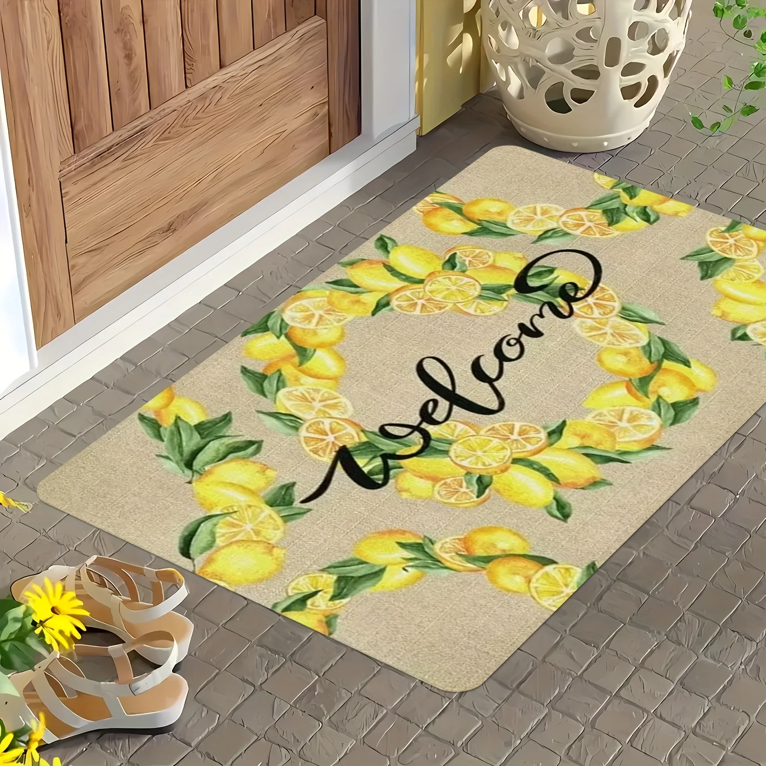 Lemon Welcome Design Doormat-Machine Washable, Bright Yellow Lemons and Green Leaves, Perfect for Bathroom, Living Room, Kitchen