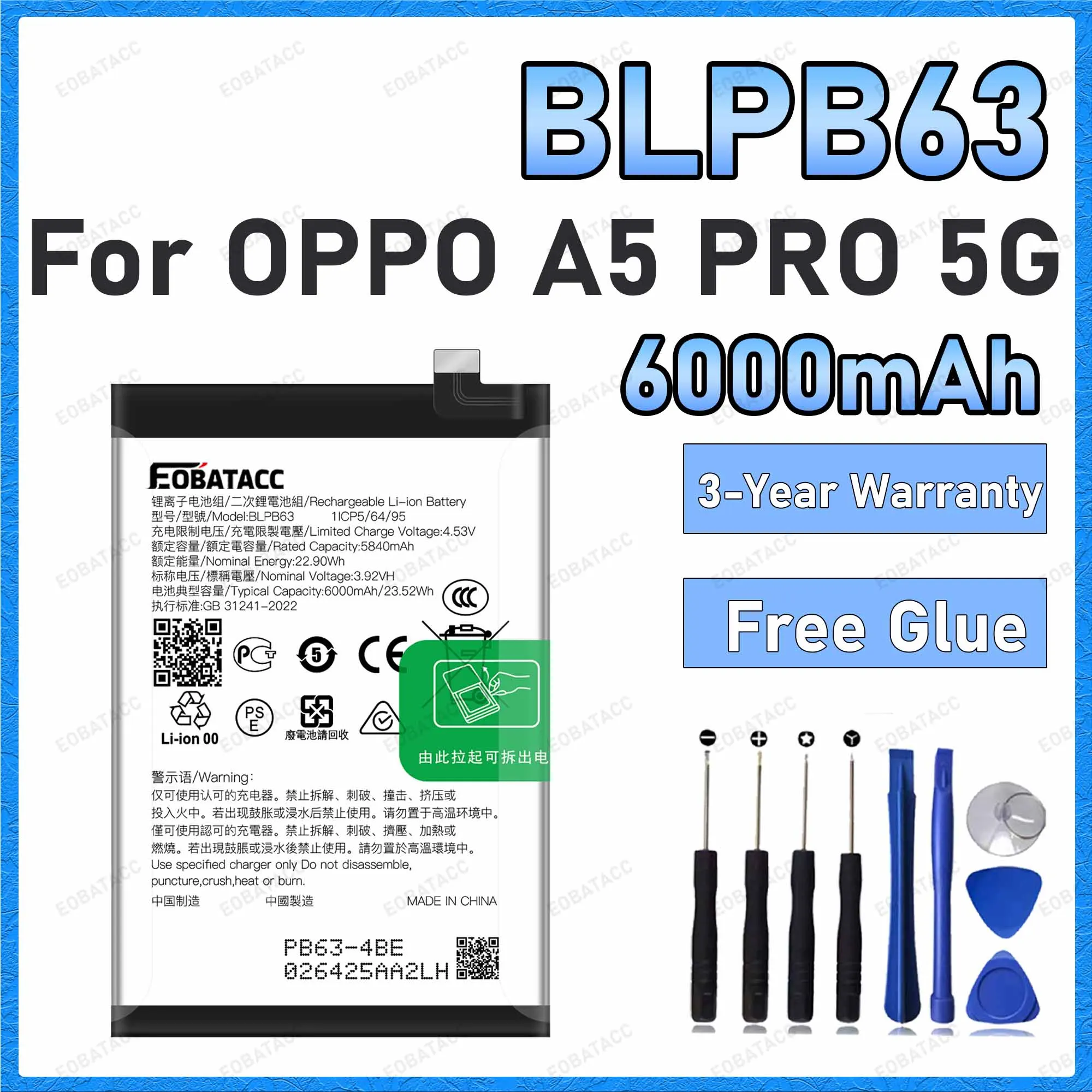 High Quality 6000mAh BLPB63 Battery For OPPO A5 PRO 5G Replacement Batteries+Free Tools