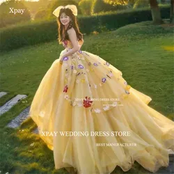 XPAY Strapless Yellow Korea Evening Dresses Lace Appliques Tiered Sleeveless Formal Prom Gown Wedding Photo Shoot Birthday Dress