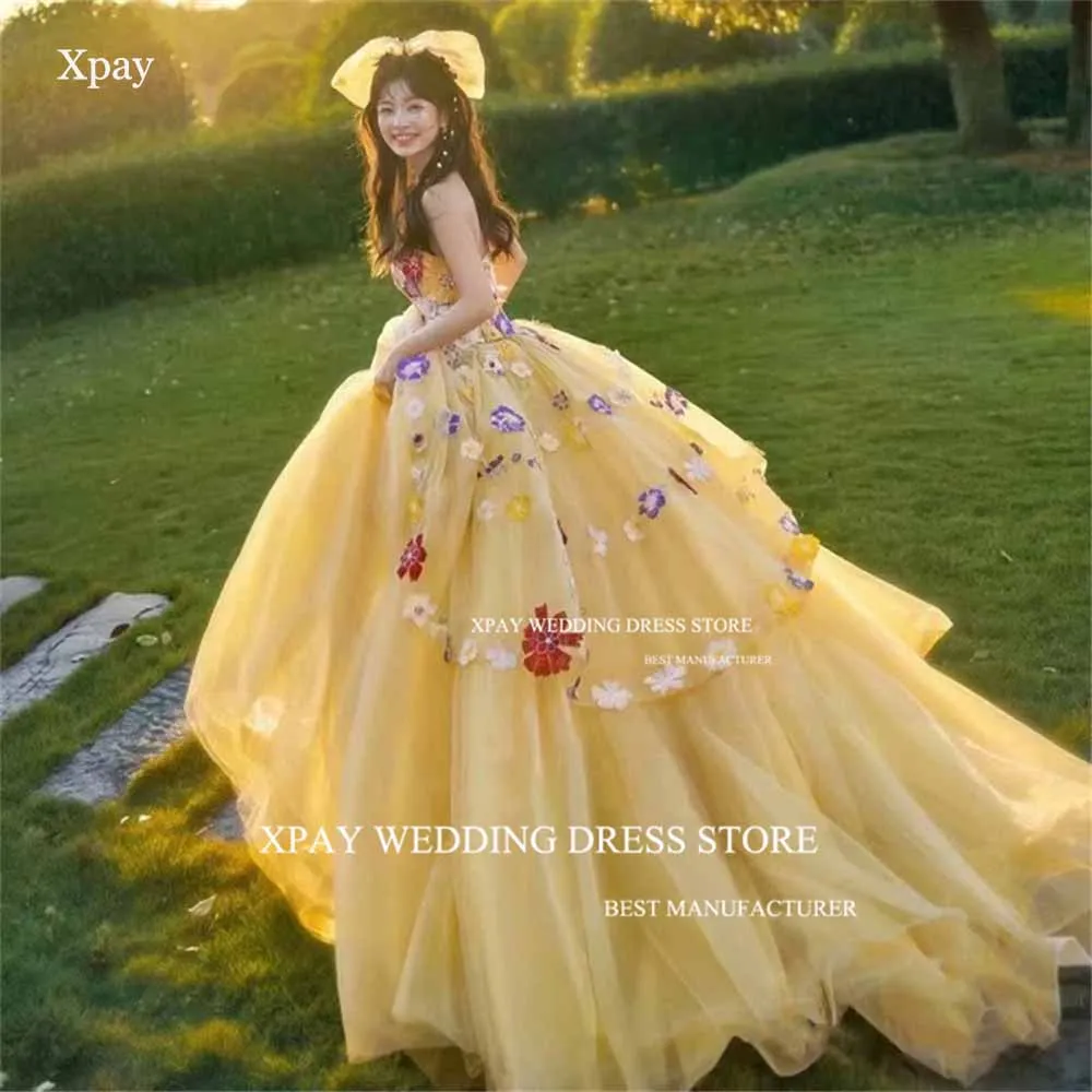 XPAY Strapless Yellow Korea Evening Dresses Lace Appliques Tiered Sleeveless Formal Prom Gown Wedding Photo Shoot Birthday Dress