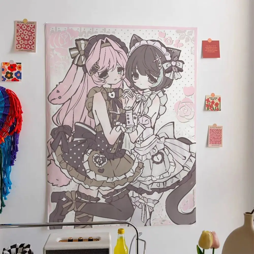 Y2K Aesthetic Japanese Sweet‑Edgy Line‑Art Twin Maid Girl Wall Tapestry, Anime Wall Hanging Background Cloth for Girls Bedroom R