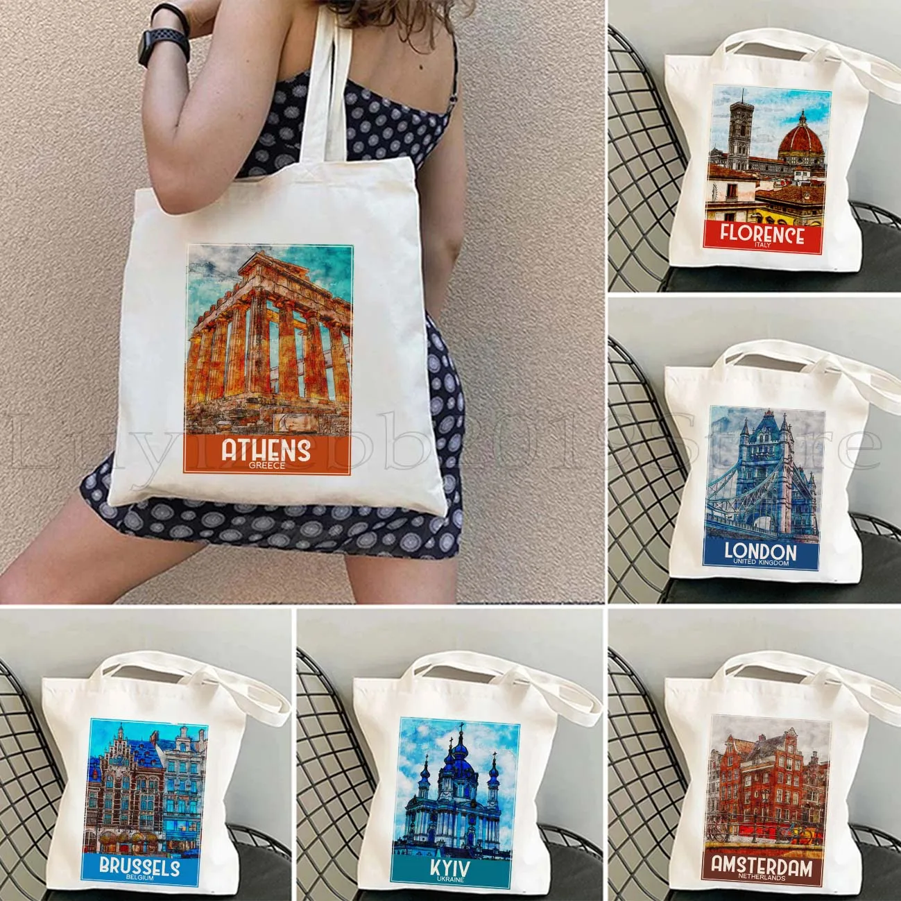 Florence Amsterdam Athens Berlin Brussels Budapest Kyiv Chicago London Lisbon Hand Drawn Architectural Painting Tote Bag Handbag