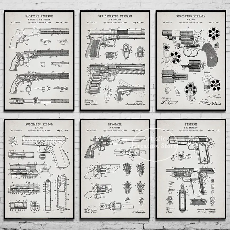 Vintage Gun Pistol Patent Print Poster Revolver Canvas Painting Wall Art Picture for Bedroom Club Modern Family Home Decor Gifts