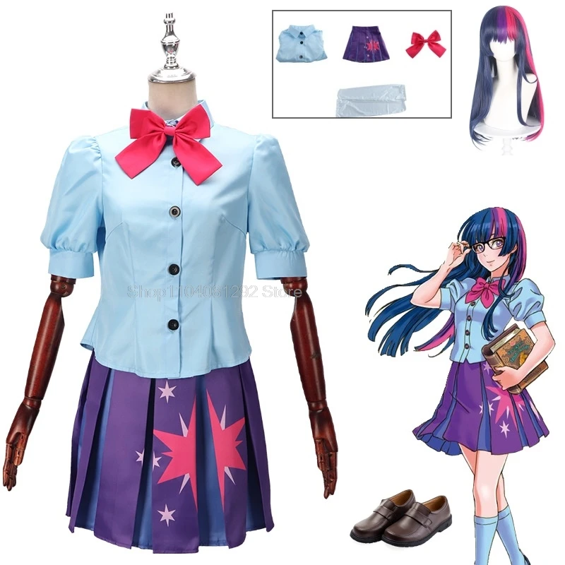 

Twilight Sparkle Costume Human Dress Cosplay Costume Sailor Shirt Short Dress Wig Shoes Halloween Carnival Party Uniform Set