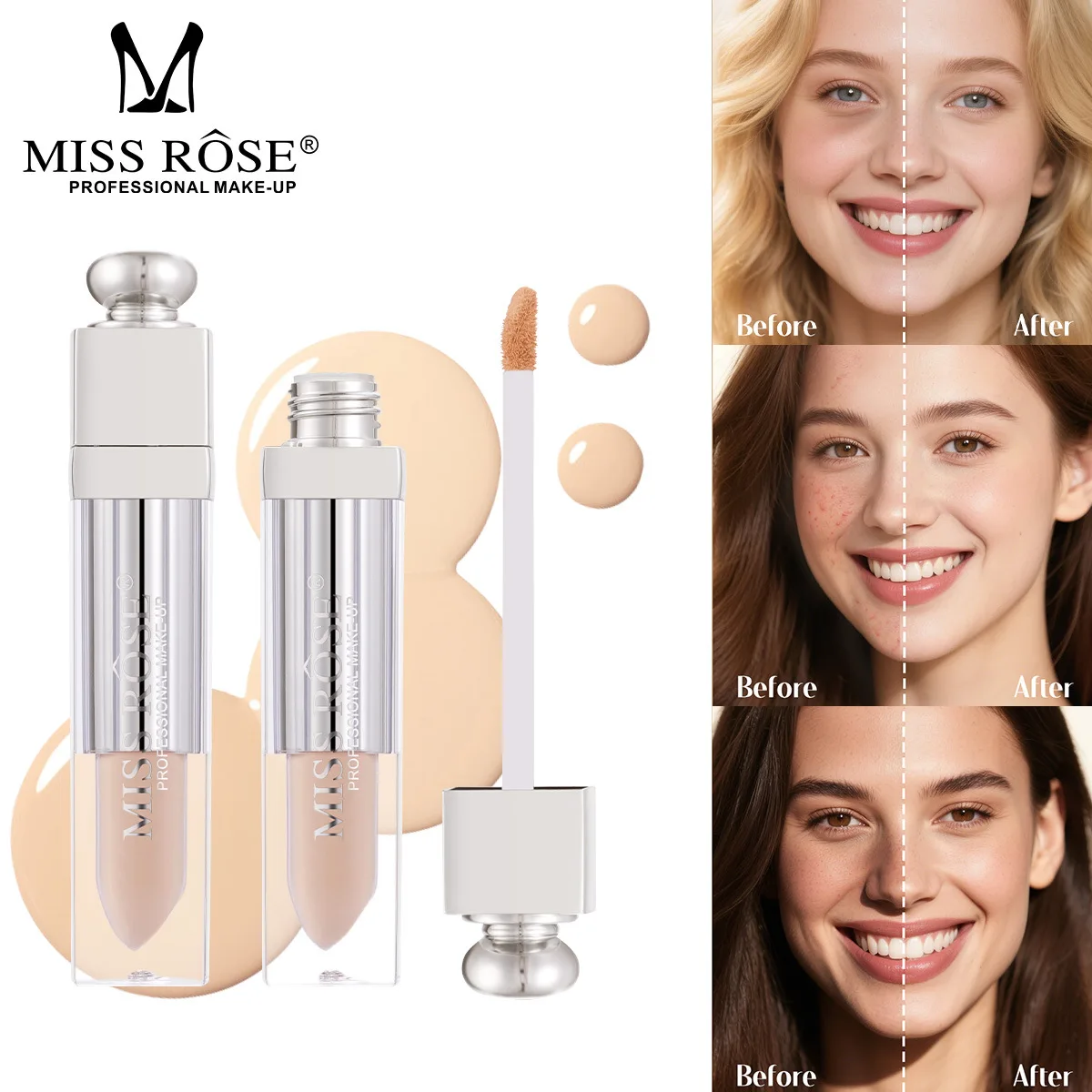 MISS ROSE 8ml Liquid Concealer - Lightweight Long-Lasting Brightening Natural Full Coverage Facial Makeup for Skin Tone Correcti