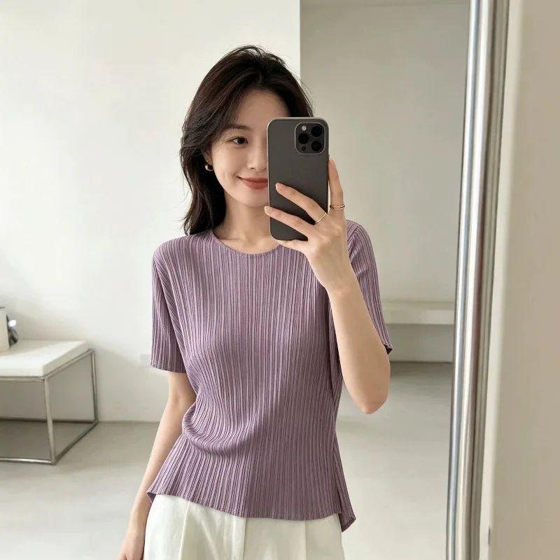 

Miyake Solid Pleated T-Shirt Women Basic Style 2026 Summer New Design Waist-Tightening Loose Fit Slim Short Sleeve Versatile Top