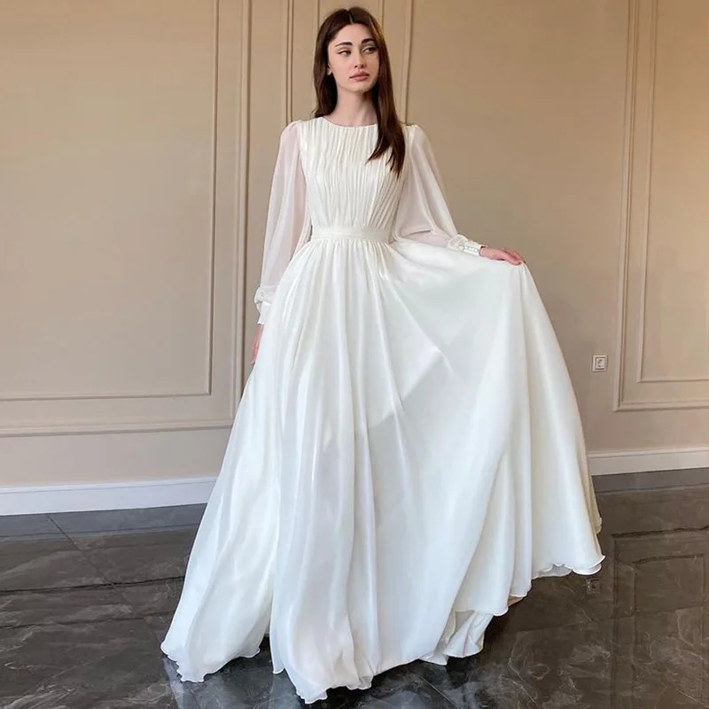 Full Sleeves Wedding Dresses Muslim Chiffon Pleats A line Formal Party Bride Gowns Women Elegant Long Sweep Train Bridal Dress