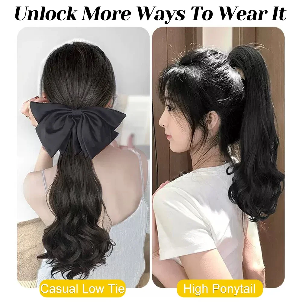 ALXNAN CABELO-Long Ondulado Ponytail sintético, Clip em extensões de rabo de cavalo, Bow Tie cabelo encaracolado, rabo de cavalo falso, Cabelo fofo, Garra