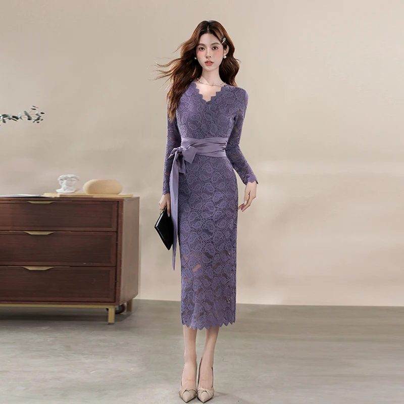 

Coigarsam женское длинное платье новые кружевные платья с высокой талией и v-образным вырезом фиолетового и бежевого цвета