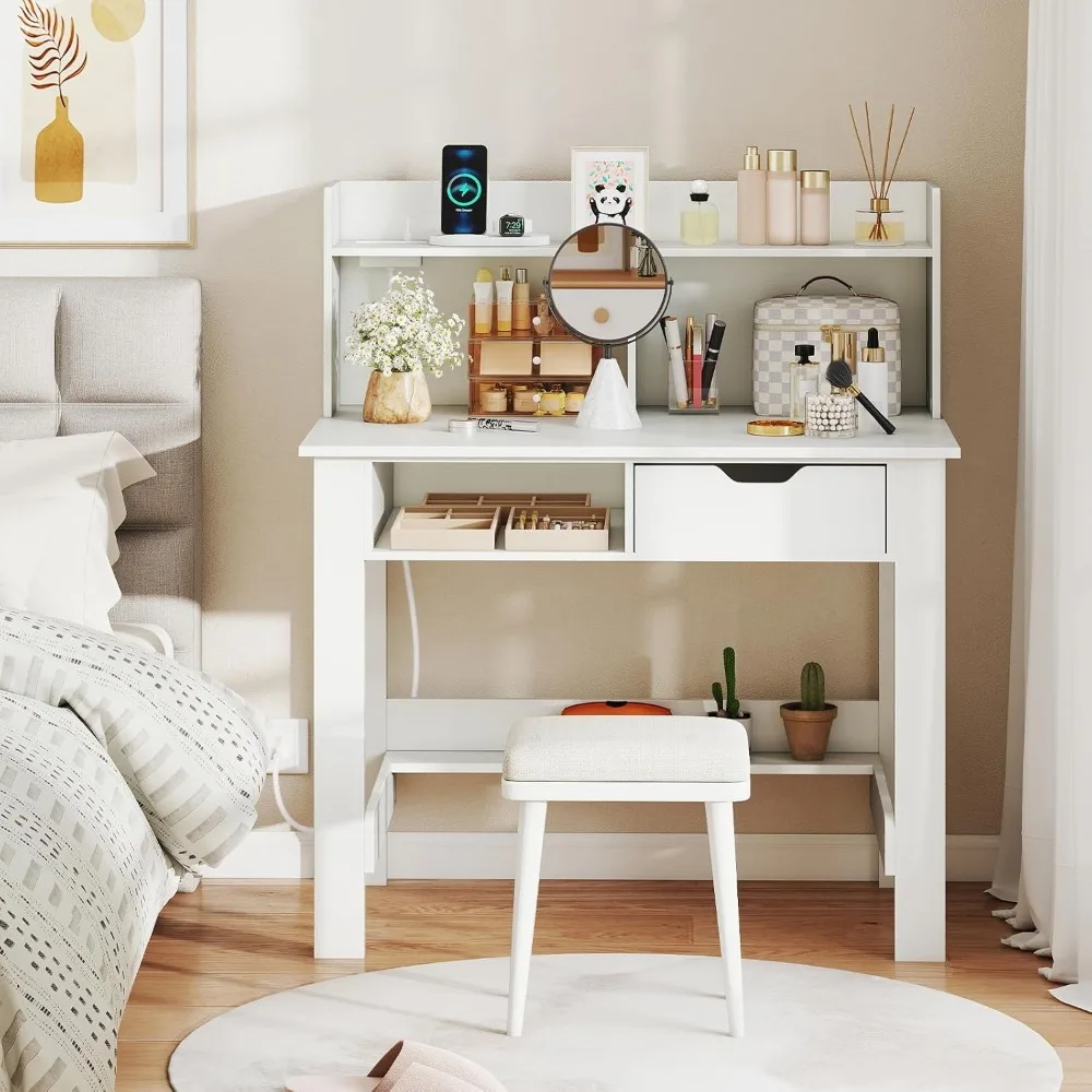 허치가 있는 Giantex 화이트 컴퓨터 책상, 전원 콘센트가 있는 홈 오피스 책상, USB 포트, 타입-C, 수납 선반 및 서랍, 모던 L