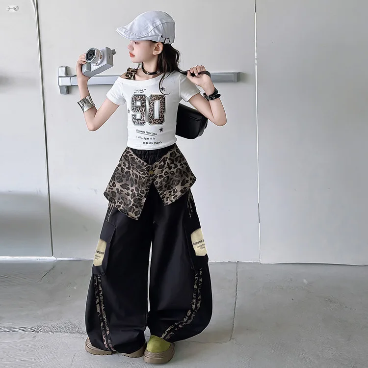 Kids Girls Casual 2pcs Outfit American Off-Shoulder Top Hip Hop Leopard Curtain Curved Pants Summer Street Fashion Clothing Set