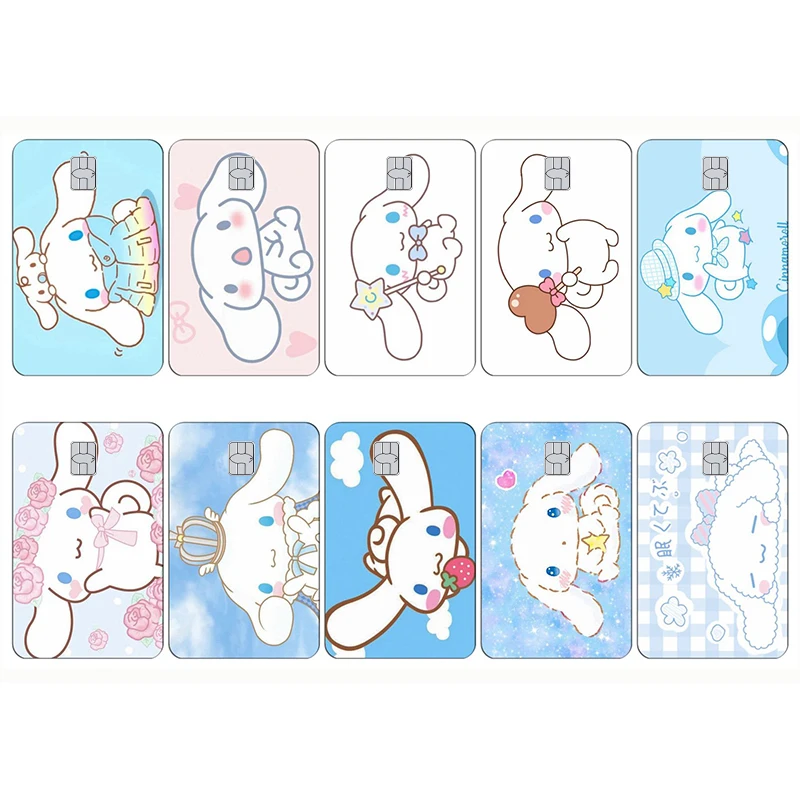 Kawaii Cinnamoroll Anime adesivi per carte di debito di credito fai da te Laser Cartoon Anime nastro di pellicola impermeabile pelle per piccoli grandi senza Chip