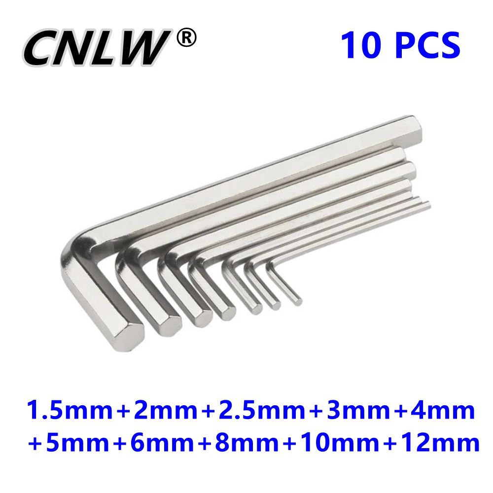 10 PCS Allen Wrench Nickel Plated L Shaped Silver Hex Hexagon Key Allen wrench 1.5mm 2mm 2.5mm 3mm 4mm 5mm 6mm 8mm 10mm 12mm