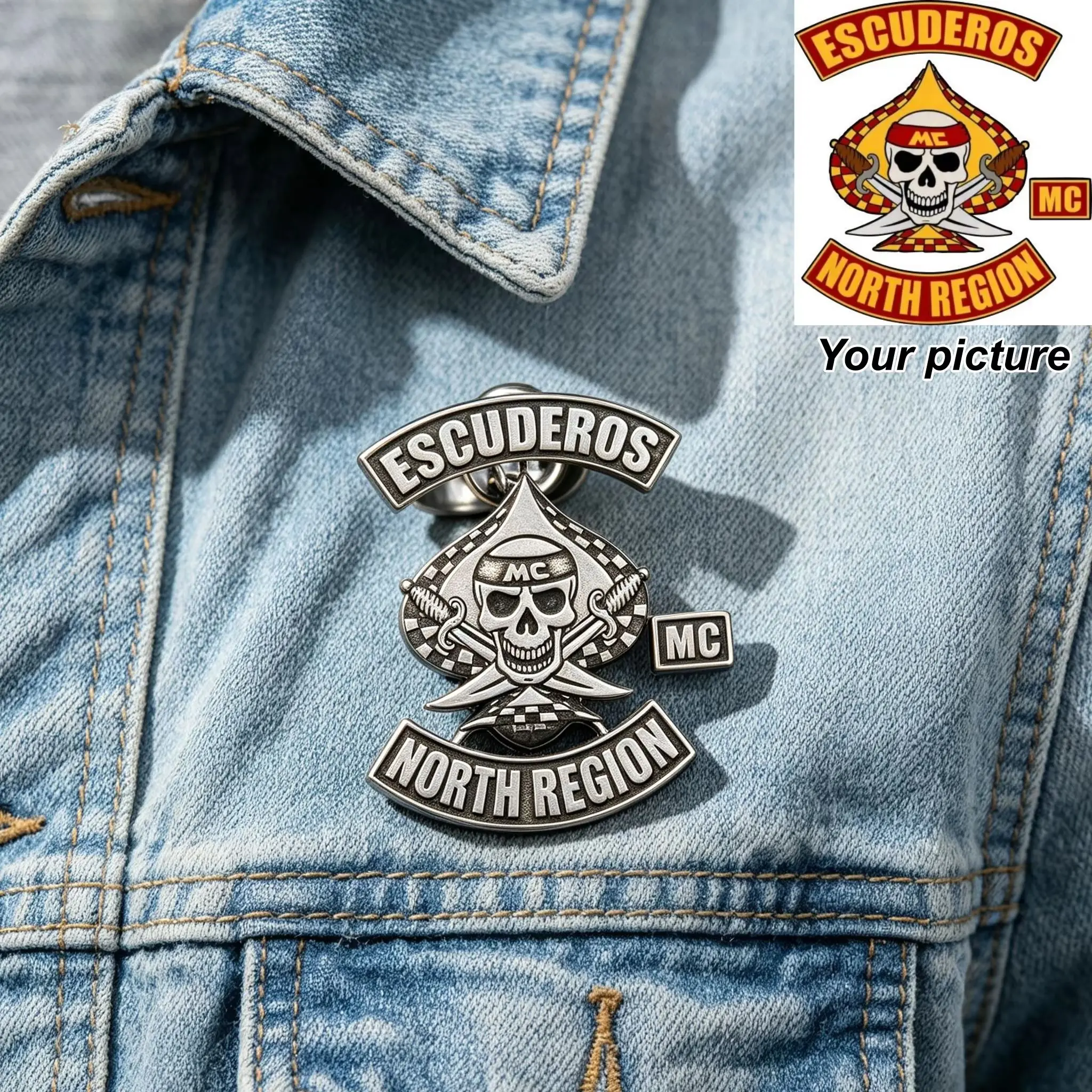 Custom Logo Photo Brooch/Necklace Personalized 2D Engrave Stainless Steel Cool Motorcycle Club Pin Jacket Hat Accessory Gift view 2