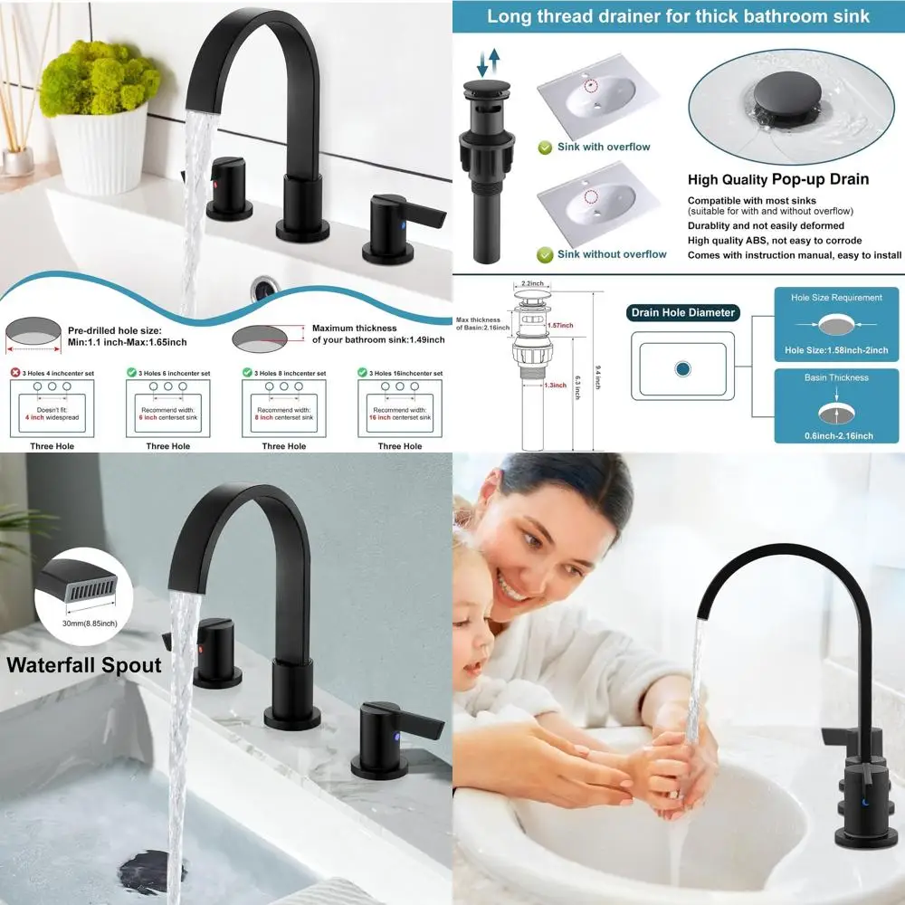

8 Modern Matte Black Widespread Sink Faucet with 3 Holes, 2 Handles, Pop-Up Drain & Water Lines