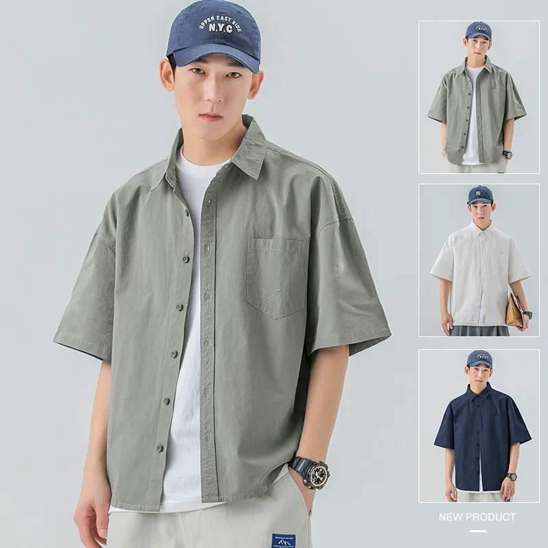 

Summer Men's Thin Short Sleeved Shirt Korean Fashion Solid Color Half Sleeved Loose Casual Shirt Coat Y2k Japanese Streetwear