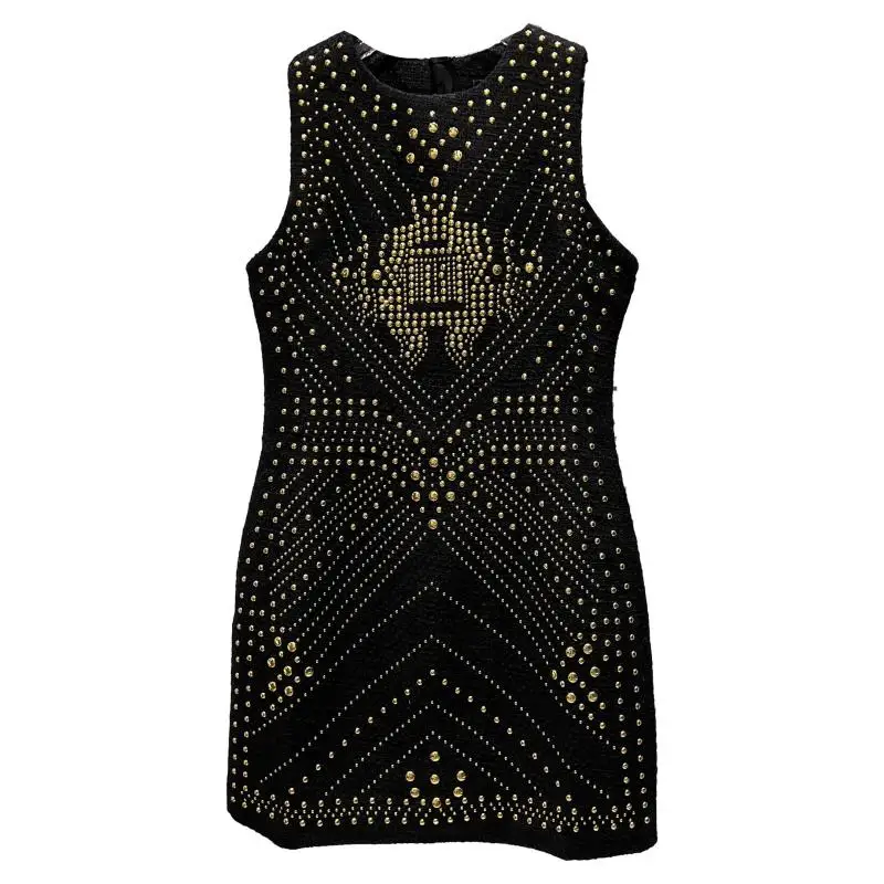 فستان ميدي صوفي بتصميم عمل ثقيل مع مسامير معدنية، طراز جديد لفصل الخريف، بتصميم عطري خفيف، مع حزام عند الخصر، فستان ميدي أنيق...