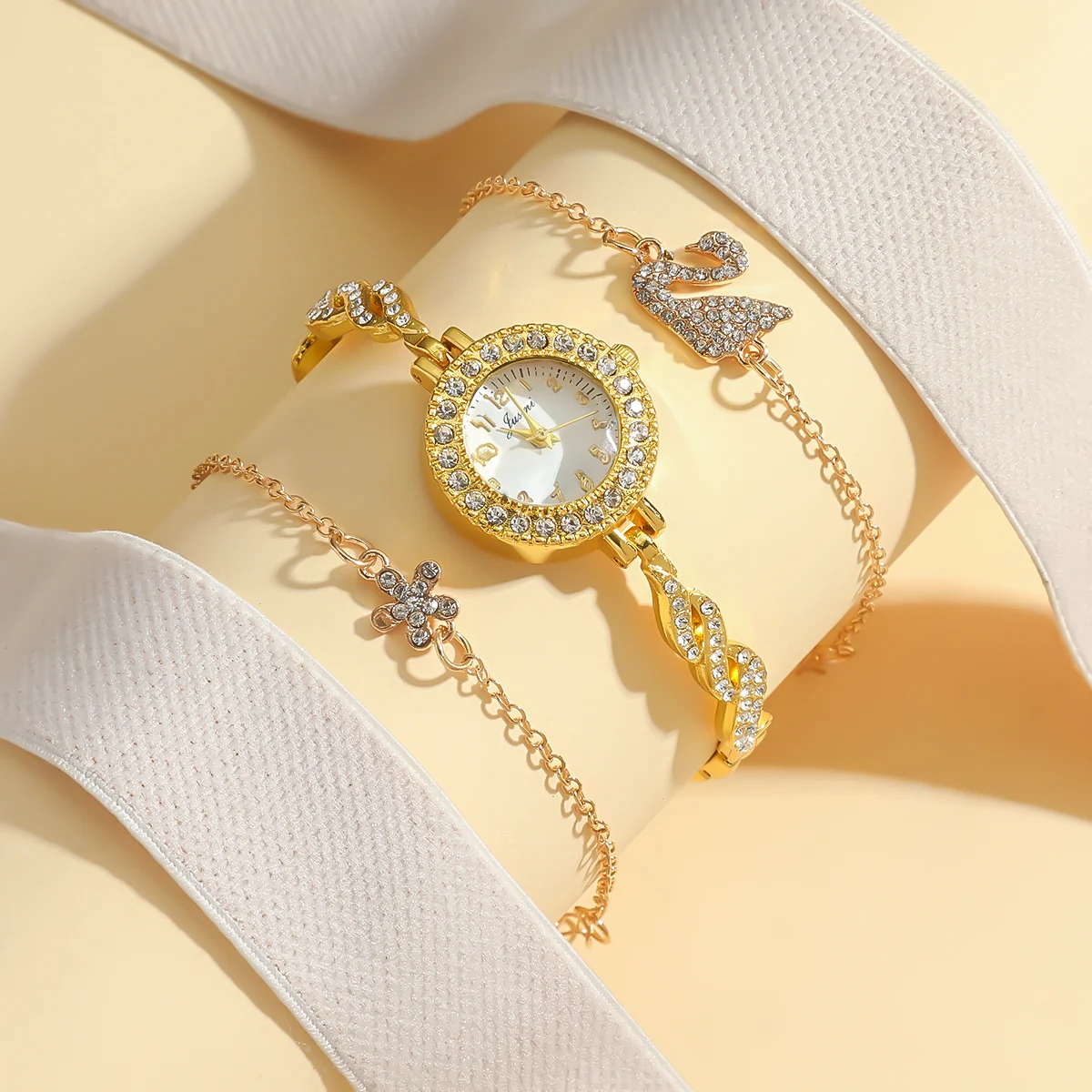 ساعة كوارتز بحزام فولاذي بقرص ماسي مستدير جديد للسيدات، سوار بجعة على شكل زهرة ماسية عصرية، عطلة نبيلة وجوية