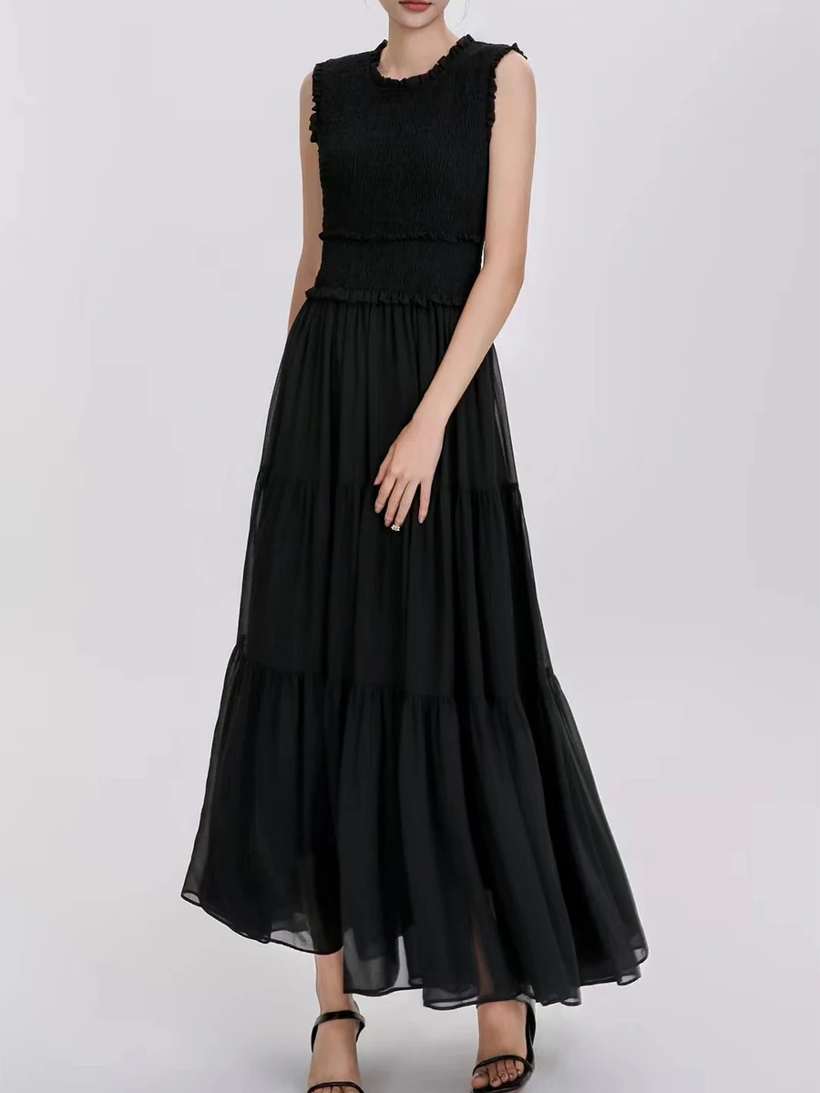

DianThia Summer Svel Vest Dr Women's High Waist Fairy Skirt Crumpled Texture Design Casual round Ne A-Line Dr