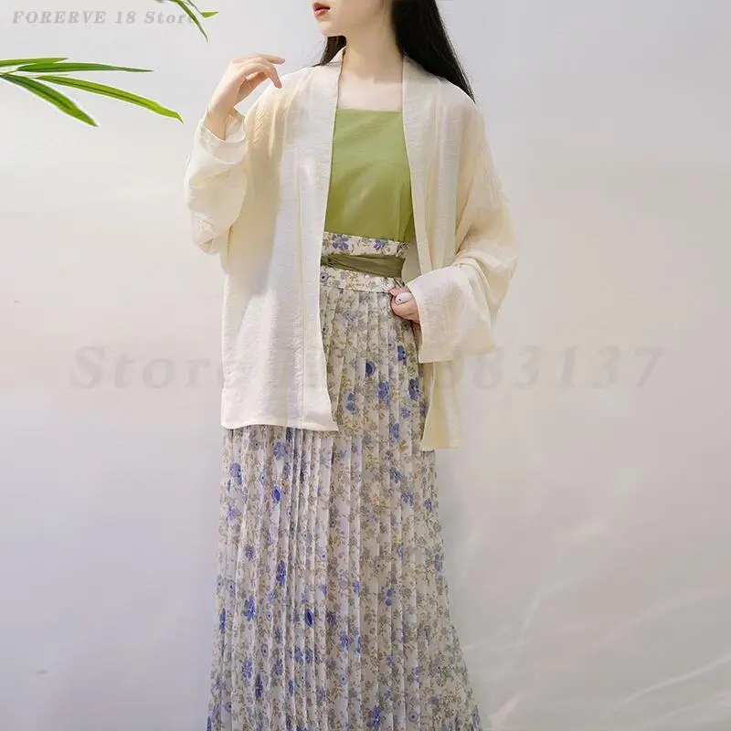 

Traditional Chinese Hanfu Set Women Song Dynasty Clothing Sling Cardigan Skirt 3PCS Flower Print Long Skirt Girls Party Dress
