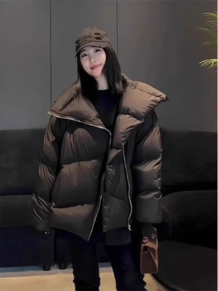 Faionable marrom pão para baixo Jaet feminino inverno novo sle gola grande rua sle commute ele casaco de fibra de poliéster