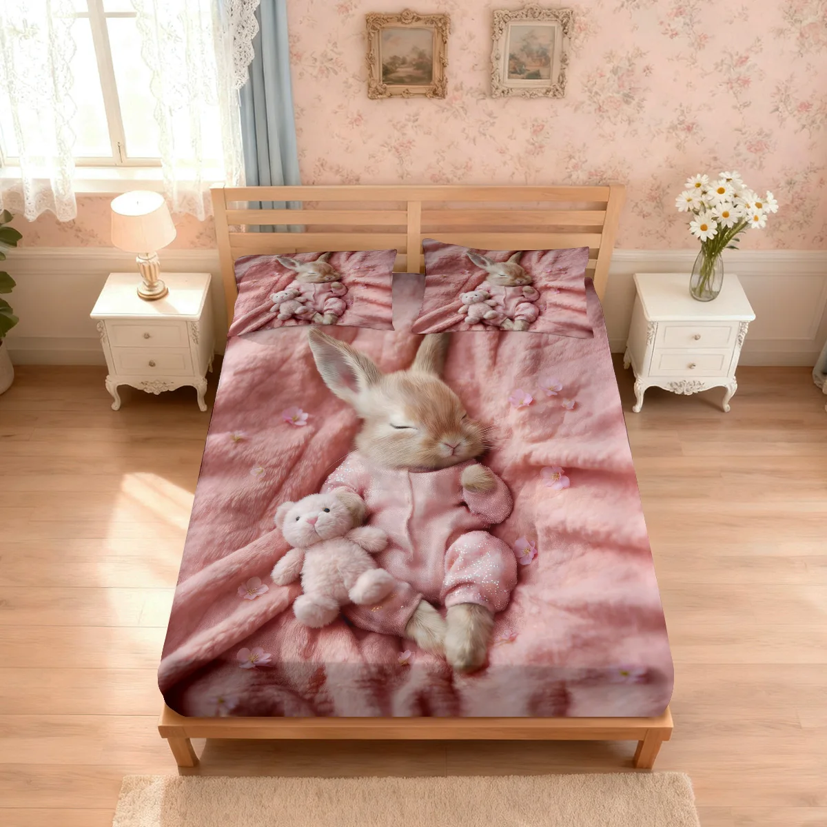 3pcs Cute Sleeping Rabbit Printed Chipless Bed Sheet Set Multi Size Comfortable Bed Cover Bedroom Bedding Decoration