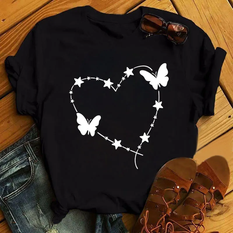 Butterfly and Star Printed T Shirt Fashion Women T-shirt Female Casual Short Sleeve Tops Lady Girls Summer Tee Shirts Streetwear