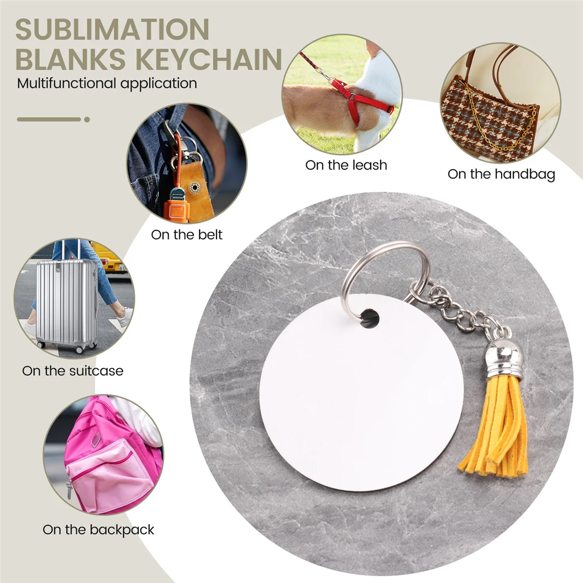 240 Pieces Sublimation Blanks Keychain Set Round Key Rings Sublimation Ornament Blanks Heat Transfer Keychain Tassels