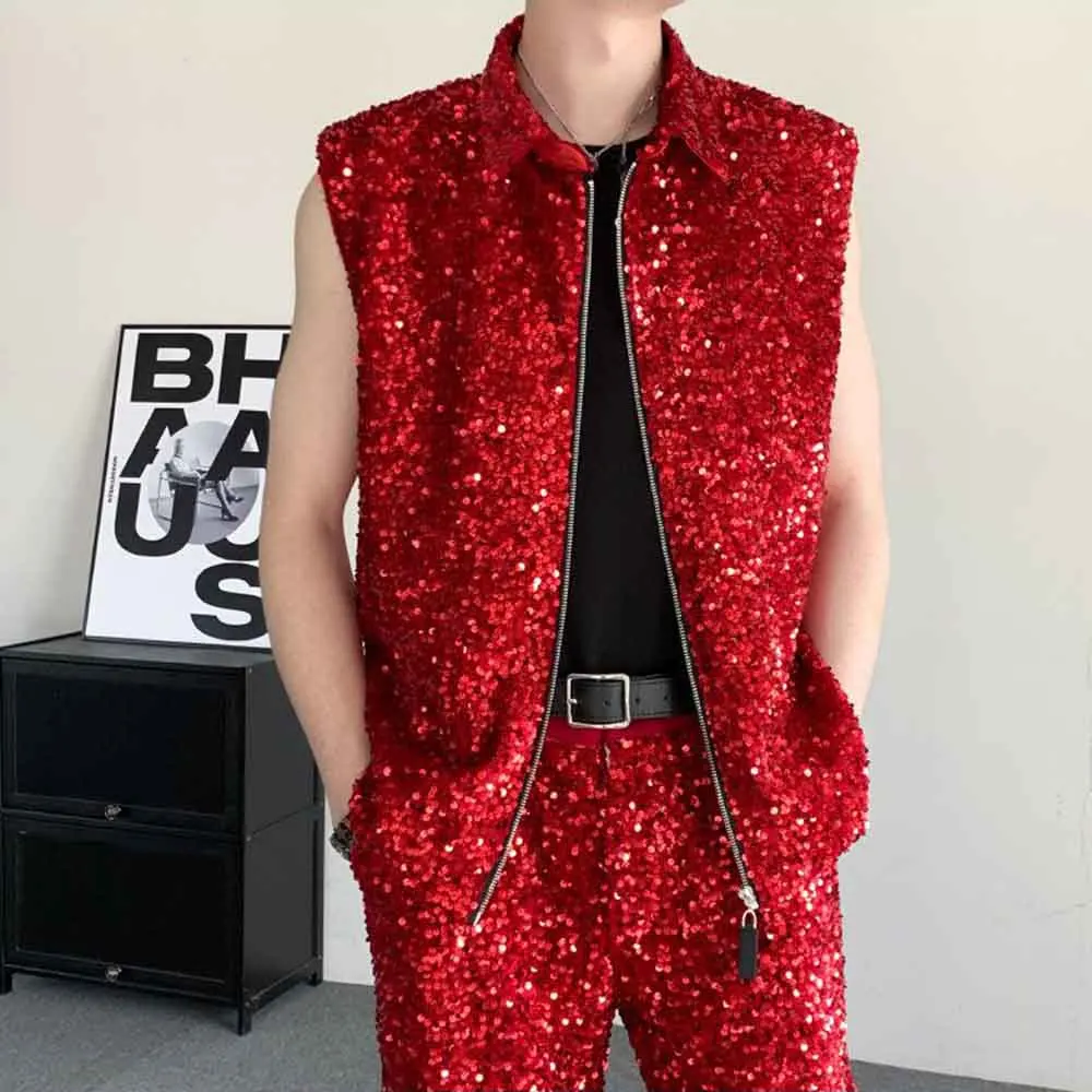 

Мужской осенний жилет с блестками, нишевый жилет для ночного клуба, уличная мода Y2k, сценический бальный топ без рукавов, мужская одежда 2025