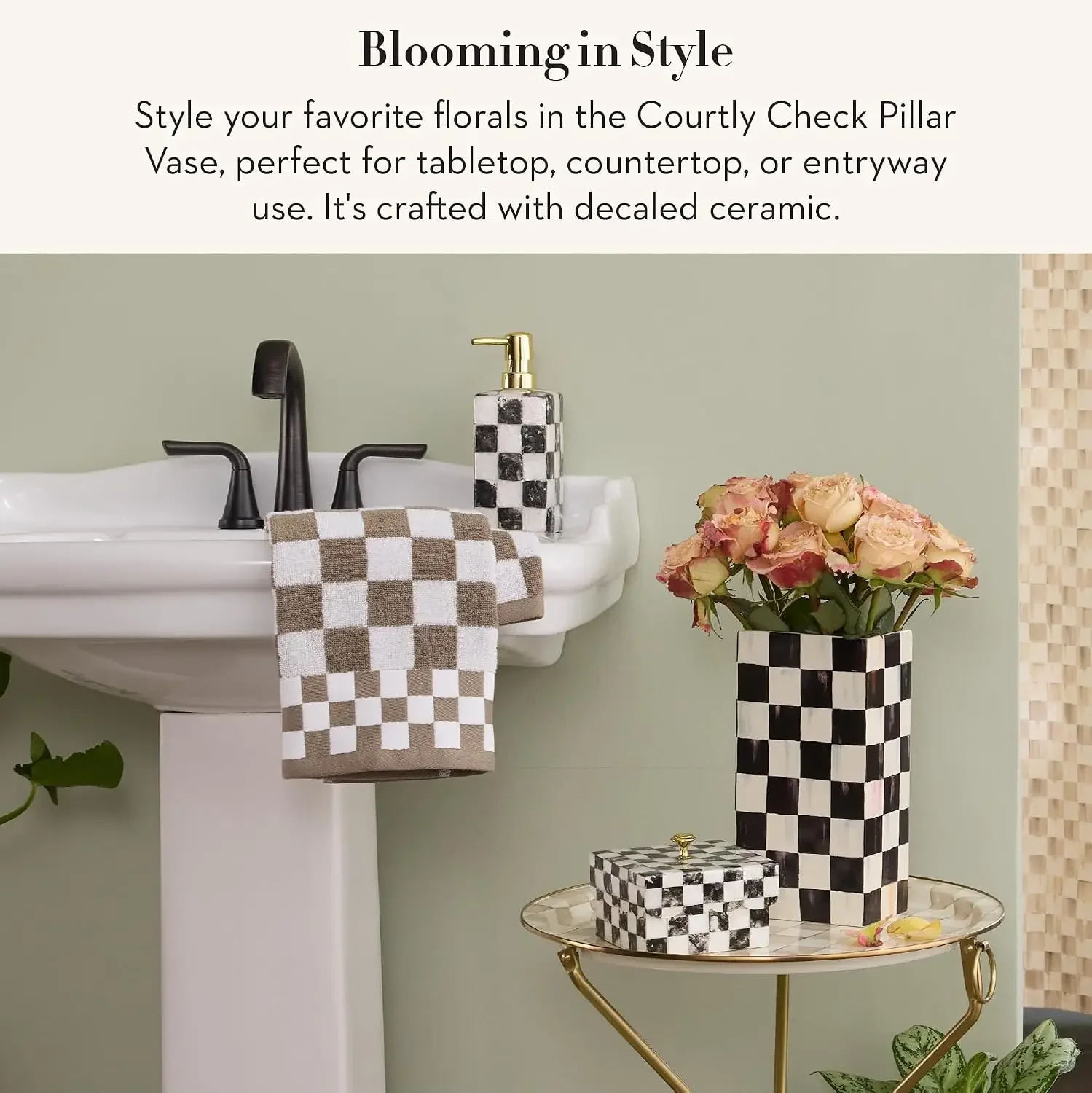 Ceramic Pillar Vase, Black-and-White Courtly Check | Hand-applied design, made from ceramic, unique flower-vase decor for living