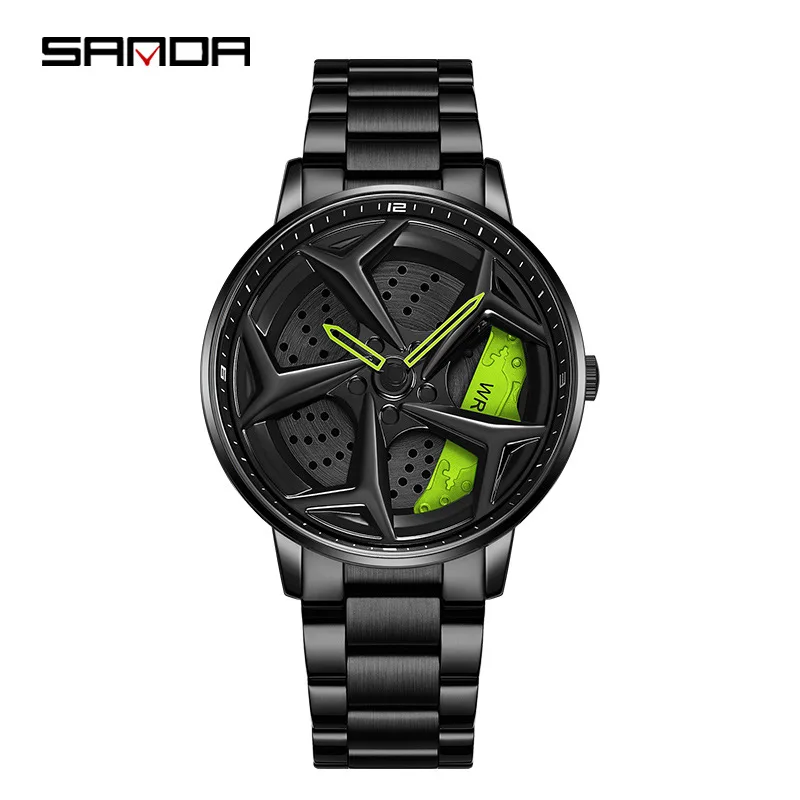 

SANDA 1087 New Rotating Car Wheel Dial Sports Stainless Steel Quartz Watch Waterproof Creative Casual Luminous Watches for Men