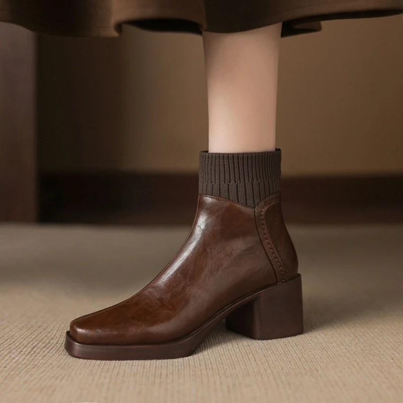 

Women's new leather cowhide round head zipper high-heeled plus size and calf retro Chelsea short boots fashion boots