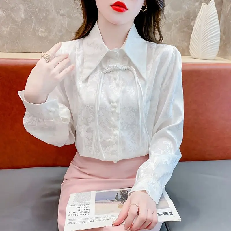 Women\'s Clothing Vintage Chinese Style Jacquard Button Shirt Elegant Fashion Turn Down Collar Blouse White Long Sleeve Slim Tops