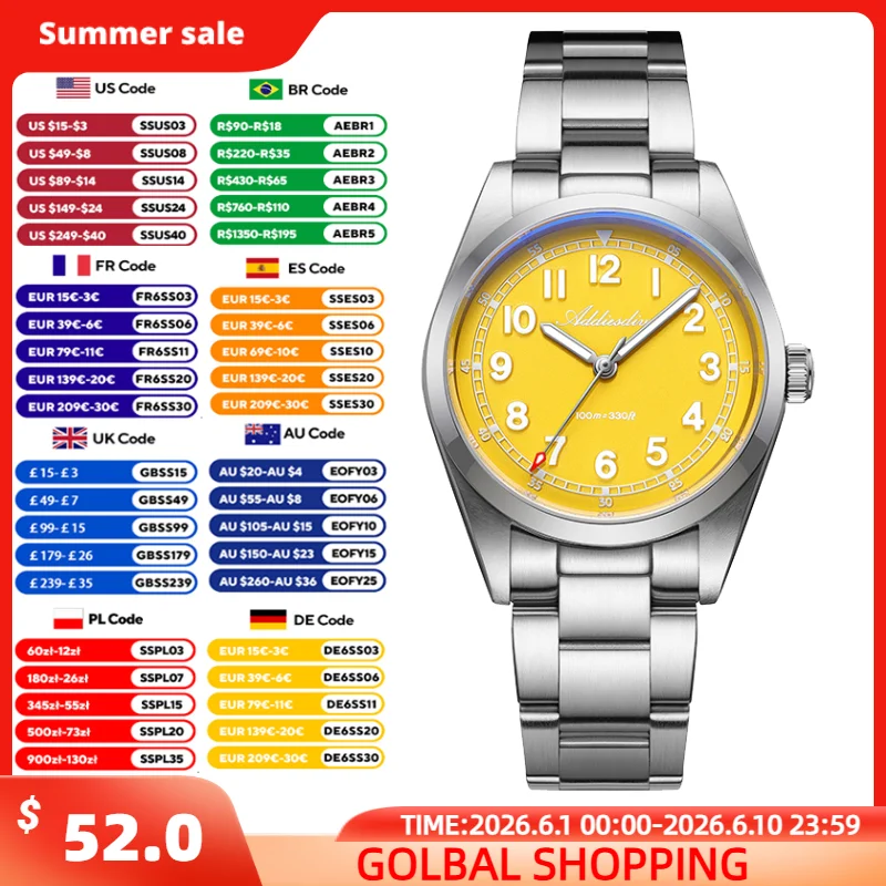 

ADDIESDIVE 36mm Quartz Men's Watch AD2521 Luxury Sapphire Glass BGW9 Luminous Wristwatch 9mm Ultra-Thin 100m Waterproof Watches