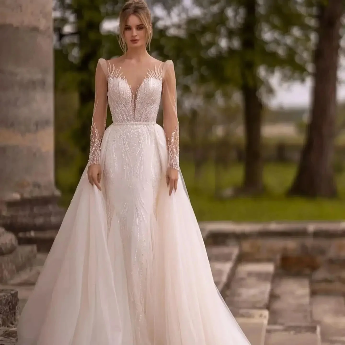 

Sexy New Mermaid Wedding Dress 2026 Sheer Neck Embroidery Lace Long Sleeves Tulle Bridal Bride Gown Vestido de Noiva