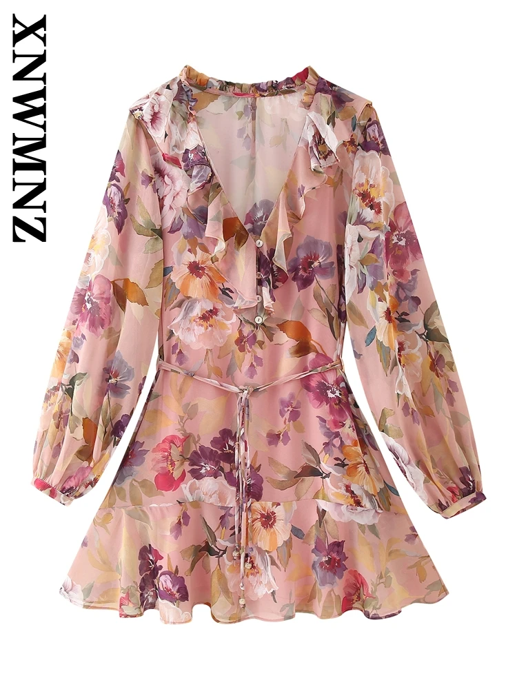 XNWMNZ 2025 Spring New Women Clothing Edgy Button Top Dress Glamorous Autumn Woman's V-Collar Long Sleeve Dresses Ruffles Floral