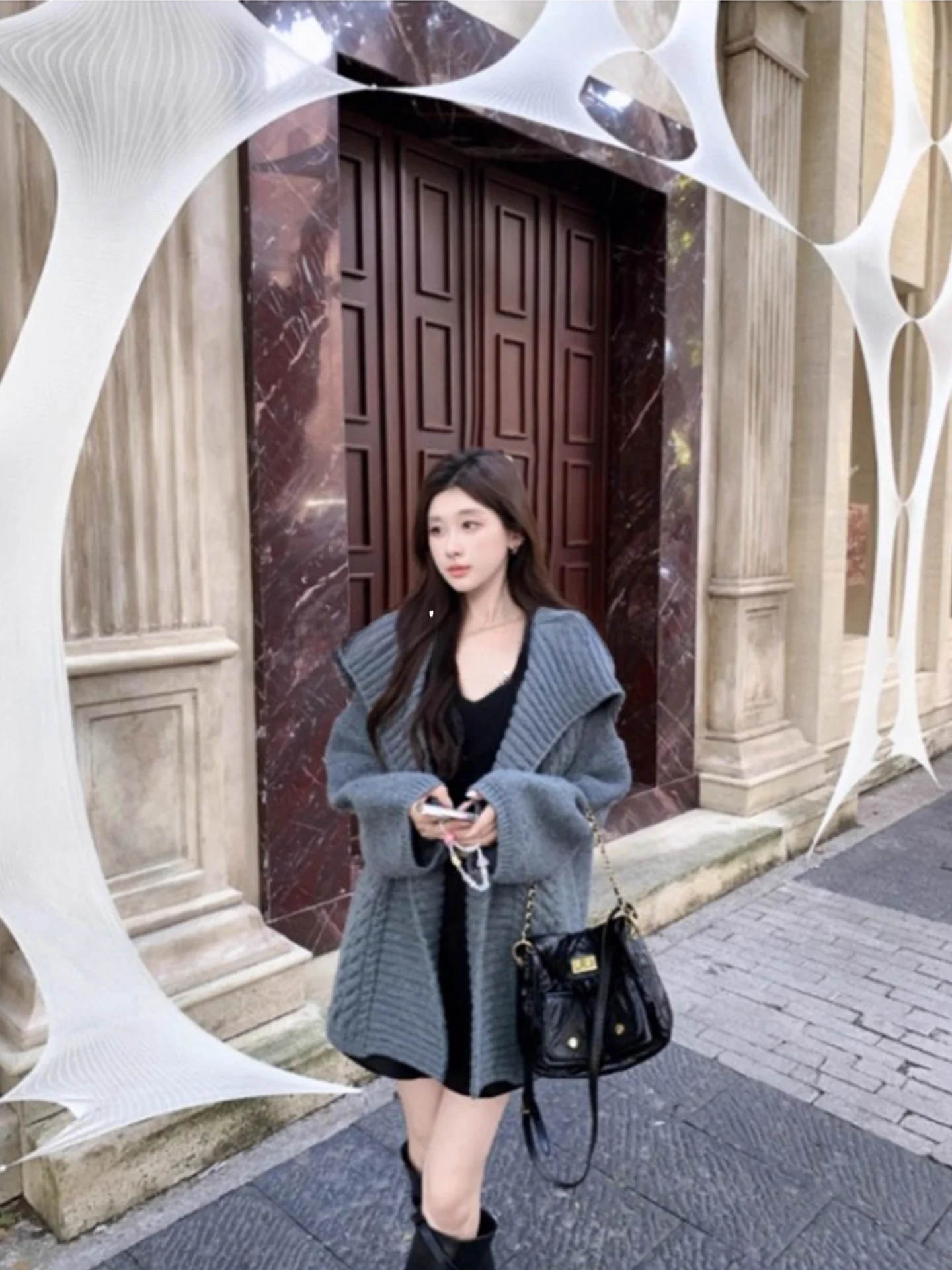 

Женский утепленный вязаный кардиган Rouje Kefss с большим воротником, свободного кроя, осенне-зимняя новинка в корейском стиле